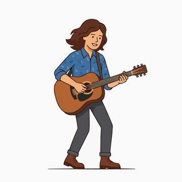Young man playing acoustic guitar with long brown hair and blue shirt