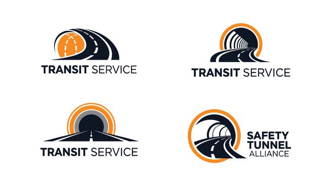 Collection of transit service and safety tunnel alliance logo designs depicting stylized roads entering circular tunnel entrances.