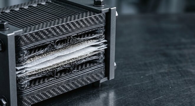 Close up of hydrogen fuel cell stack with metallic textures and copy space
