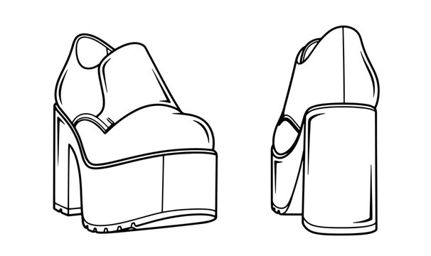 Platform wedge bootie shoes front back view line art vector