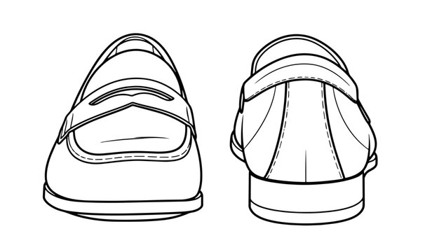 Men's penny loafer shoe technical sketch vector with front and back views in line art.