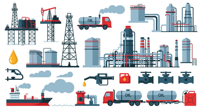 Extensive collection of oil and gas industry vector icons featuring offshore rigs, refinery plants, and fuel tankers.