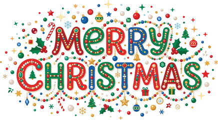 Ornate Merry Christmas Typography with Colorful Gems, Beaded Garlands, Festive Ornaments, and Holiday Symbols for Winter Season Greetings and Celebration Graphic Designs © mdferozhossain