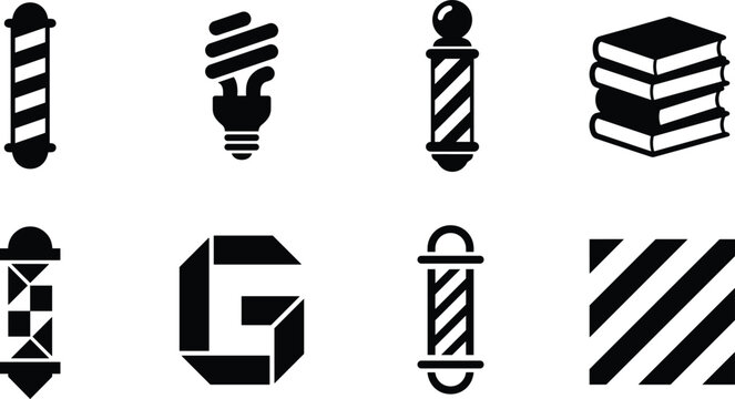 Barber pole light bulb folded letter G and stack of books icons in a grid on white