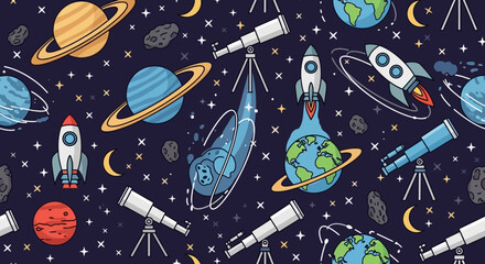Rockets and planets in space scene. © Harunia
