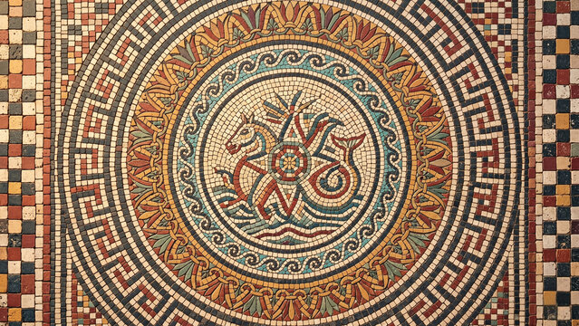 Ancient Roman mosaic floor overhead macro photograph showing ornate tessellated geometric medallion meander borders and wave patterns in terracotta ochre cream and charcoal natural stone