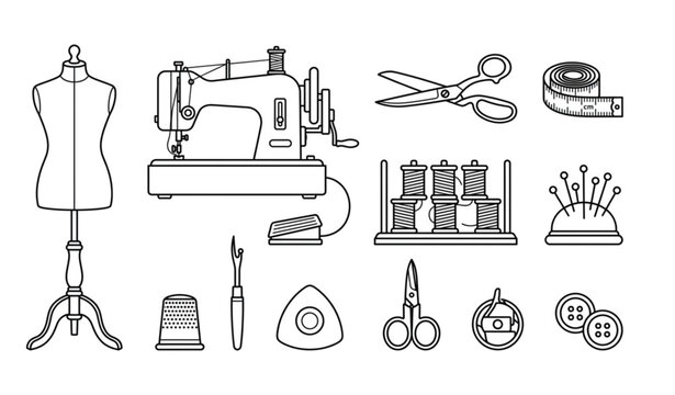 Sewing and tailoring vector set minimalist line art illustration