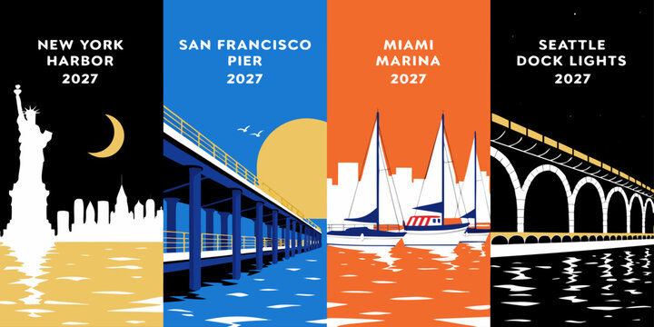 USA, US, U.S, United States - Set of four travel posters featuring iconic city landmarks in new york san francisco miami and seattle with colorful modern flat illustration style designs
