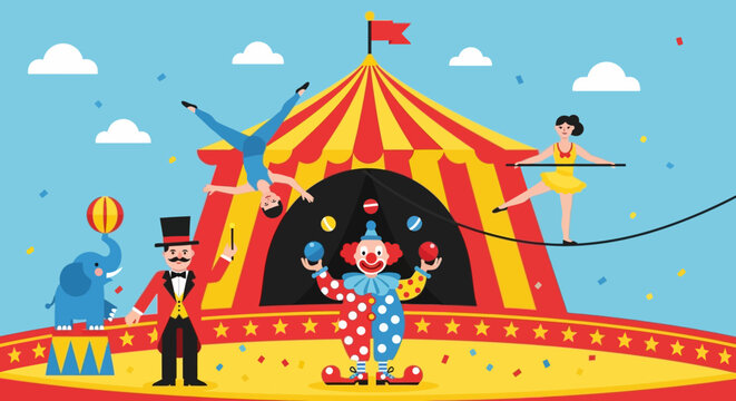 Clown standing in front circus tent.