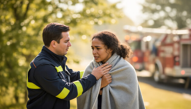 Professional male firefighter comforting a shocked upset woman wrapped in a warm gray blanket after an emergency disaster with a blurred fire truck background
