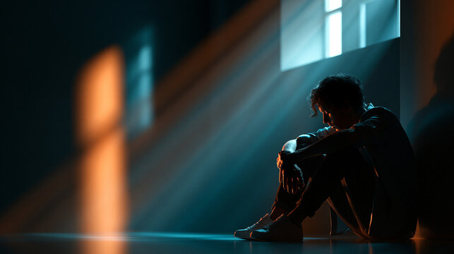 Person alone in isolation inside a small muted room, single beam of window light creating shadows during a psychological crisis realistic