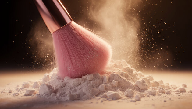 Macro close up shot of a pink fluffy cosmetic makeup brush dipping into loose face powder creation a fine exploding cloud of particles against a dark dramatic background texture