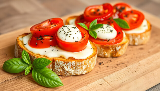 Italian bruschetta with roasted tomatoes, mozzarella cheese and, vector style. White tone