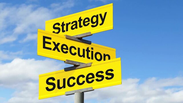 Strategy Execution Success Yellow Concept Signpost Against Blue Sky