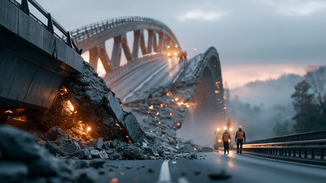 Emergency crews inspect earthquake damaged bridge collapse amid dust and grey sky in a realistic disaster aftermath scene