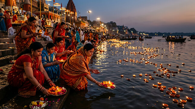 Devotees offer prayers to the Ganges River with floating diyas during a spiritual ceremony at dusk in India