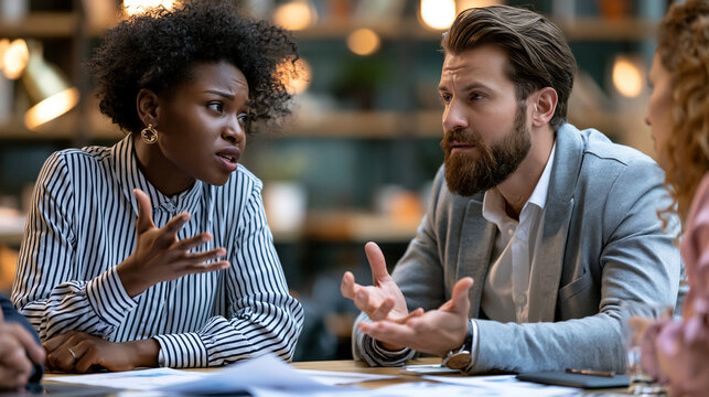 Business partners arguing in a tense conference room with scattered documents and serious conflict atmosphere