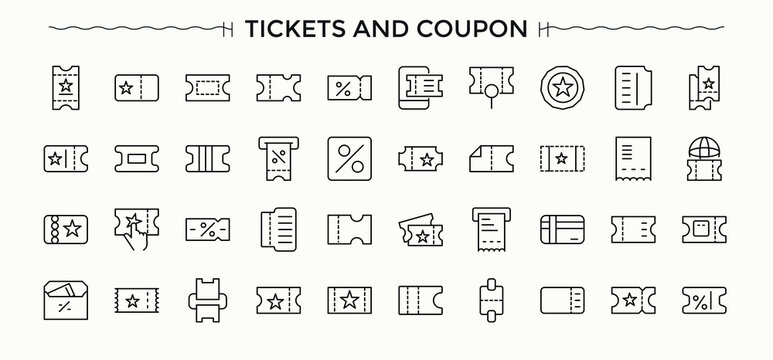 Tickets And Coupon icon set. Perfect for logos and infographic. Coupon modern icon set. Included coupons, event, gift, off, coupon, voucher, ticket and more.