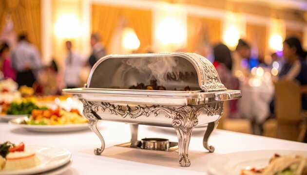 An ornate silver chafing dish featuring intricate carvings holds steaming hot culinary delights, elegantly presented as a centerpiece at a luxurious banquet or professional catering event.