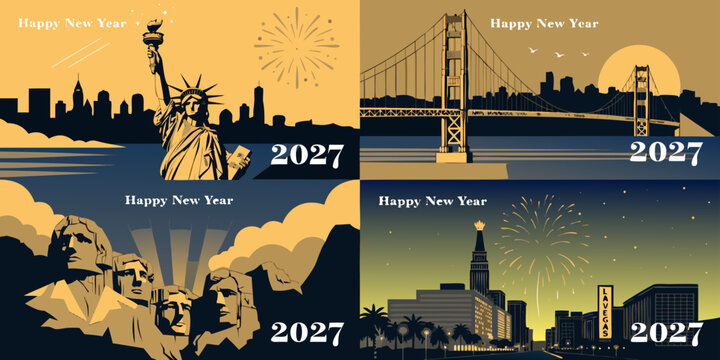 USA, US, U.S, United States - Happy new year 2027 greeting cards set with famous usa landmarks statue of liberty golden gate bridge and mount rushmore in vintage retro style illustration
