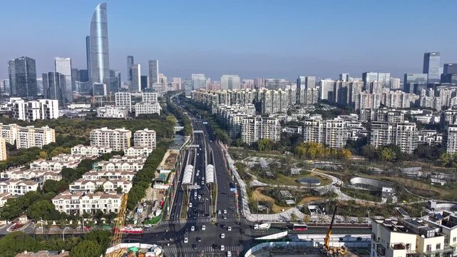 Aerial View of Modern Suzhou Skyline and Urban Highway in Suzhou, Jiangsu, China