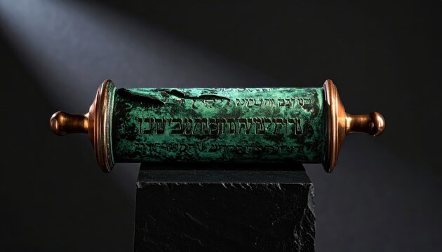 Intricate ancient copper scroll fragment with Hebrew text and green patina displayed on a dark stone stand
