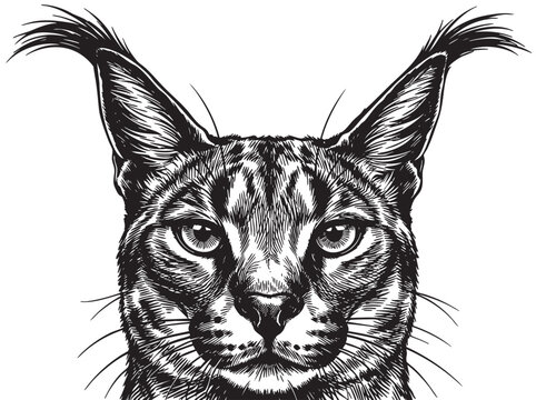 Detailed, black and white, feline head, cat face, illustration, vector graphics