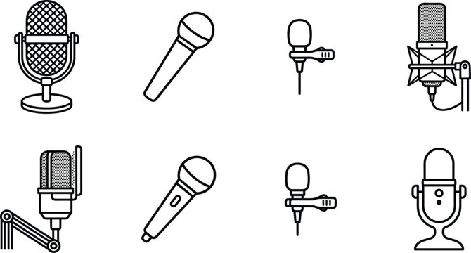 Collection of microphone icons in a clean line art style on a white background for audio recording concepts