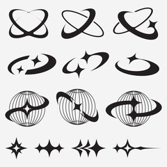 Y2K Futuristic Globe Orbit and Sparkle Symbols Vector Set with Retro Space Elements © Euangfa