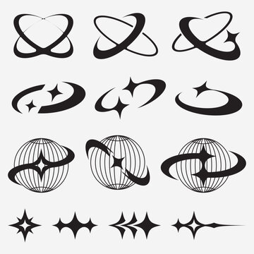 Y2K Futuristic Globe Orbit and Sparkle Symbols Vector Set with Retro Space Elements