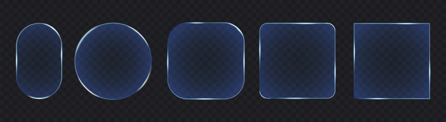 Plakat Blue glass plate frames with glowing borders, different glass showcase shapes with bright neon light edges, glass panels with luminous glares and reflective light