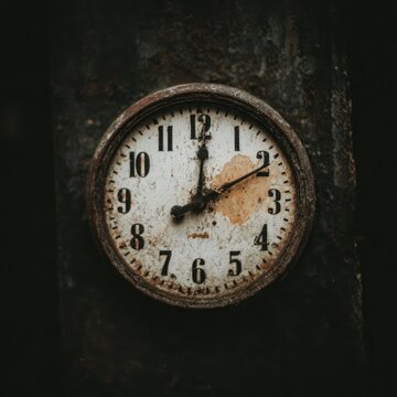 Old clock face, weathered, dark tones, time stopped