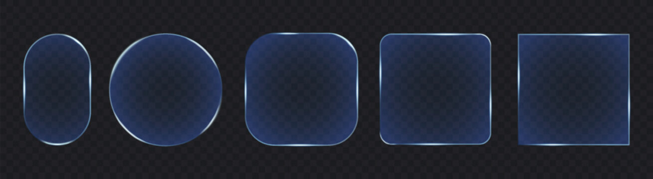 Blue glass plate frames with glowing borders, different glass showcase shapes with bright neon light edges, glass panels with luminous glares and reflective light