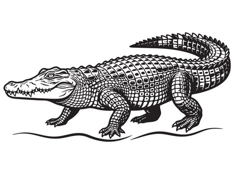 Black and white crocodile vector illustration, reptile wildlife icon, scaly monster creature, animal design element