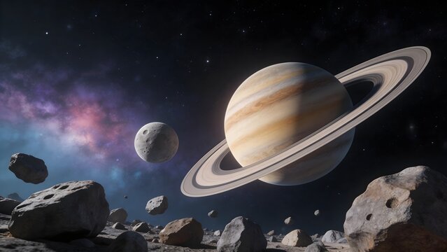Space scene with Saturn and asteroids