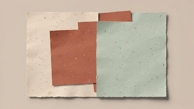 Handmade textured paper sheets in beige-terracotta and sage-green colors, a background for a photo shoot in earthy tones.