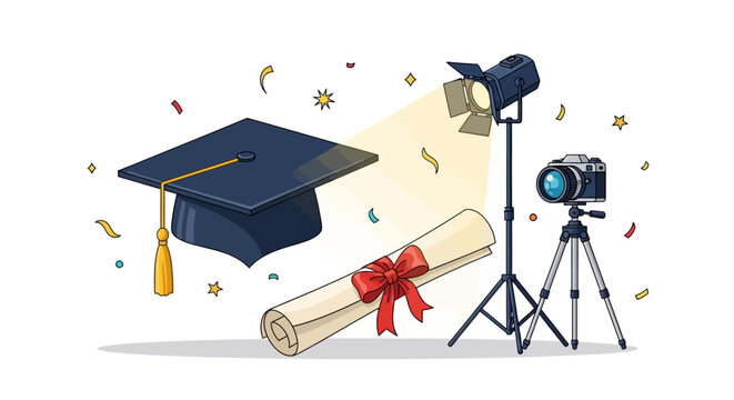 Graduation celebration setup with cap, diploma, spotlight, and camera on tripod