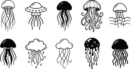 Diverse jellyfish illustrations in a clean white background with playful and abstract forms ideal for design © MDMOJIBAR
