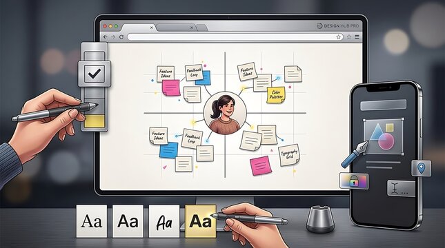 User interface design concept with sticky notes and mobile app mockup on computer screen