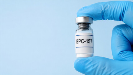 Obraz premium scientist holding medical vial with peptide supplement. Researcher in nitrile glove showing medicine bottle for clinical treatment or pharmaceutical study. Innovation in health care science