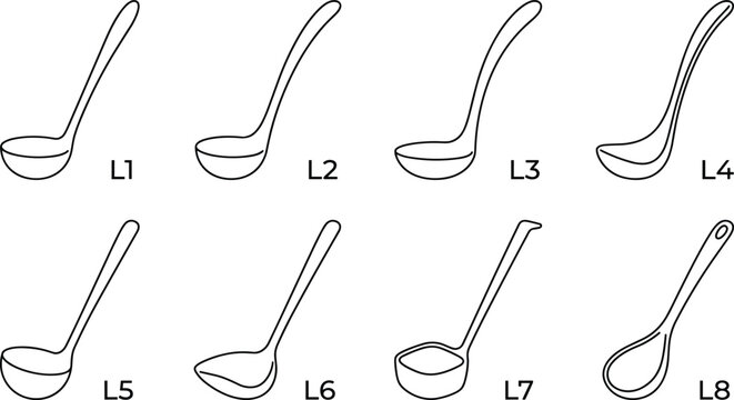 Eight surgical retractors in white line art on a white background