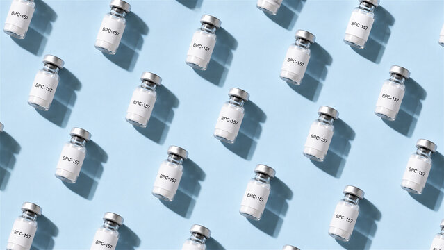 medical vials with peptide on light blue background. Pharmaceutical glass bottles arranged in rows. Scientific research and clinical trial concept. Healthcare and pharmacy supply item