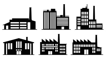 Obraz premium Set of Black Silhouette Multi-Story Industrial Factory Building Icons on Isolated White Background