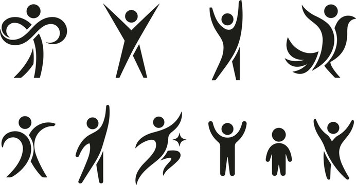 Human figures in motion celebrating success with abstract dynamic poses against white background