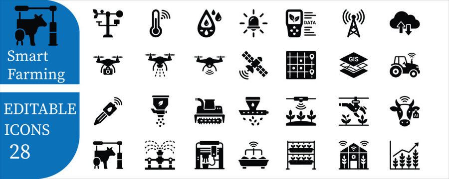 Smart farming icons for precision agriculture and technology