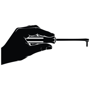 Hand holding phillips head screwdriver silhouette vector illustration line art design.