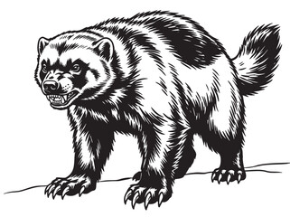 Obraz premium Black and white wolverine, angry mammal, wildlife illustration, vector graphic