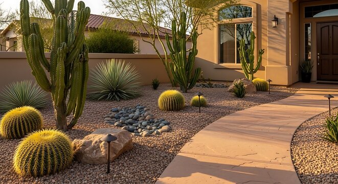 A beautiful residential arizona front yard featuring a variety of desert cacti, golden barrel succulents, and decorative landscaping rock at sunset