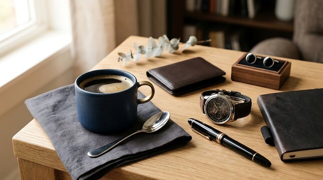 Morning desk setup featuring a blue ceramic coffee cup with a silver spoon leather wallet luxury wristwatch and cufflinks on a wooden table surface