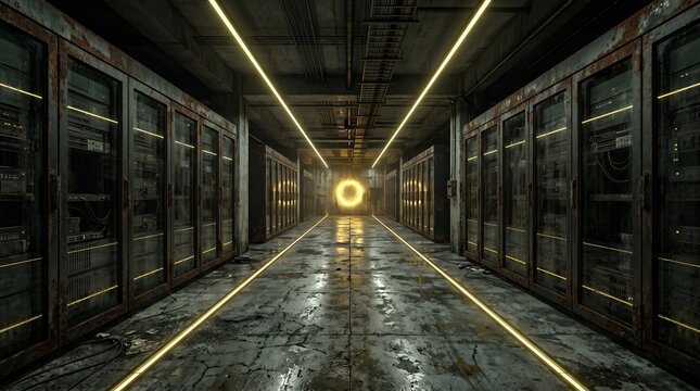 Dark, industrial server room with glowing yellow portal and server racks, a futuristic network hub.